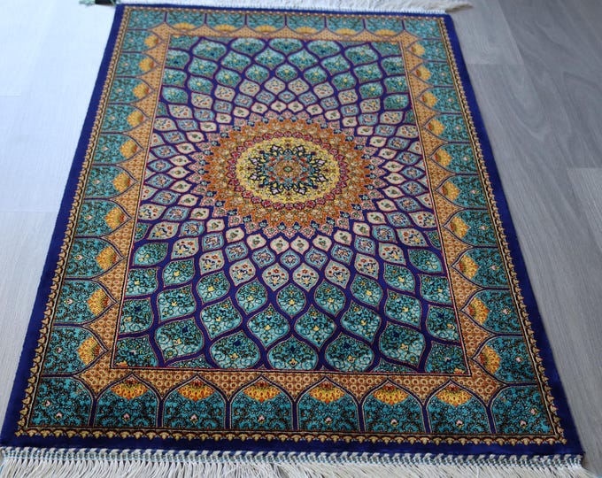 Turquoise Silk Rug, Small Silk Rug, Blue Oriental Silk Rug / B-2002 / 1'9''x3'