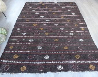 Striped Ethnic Kilim ,Black Kilim Rug, Vintage Kilim Rug, Large Kilim Rug, Ethnic Kilim Rug, Bohemian kilim / 5'3"x8' feet / B-1354