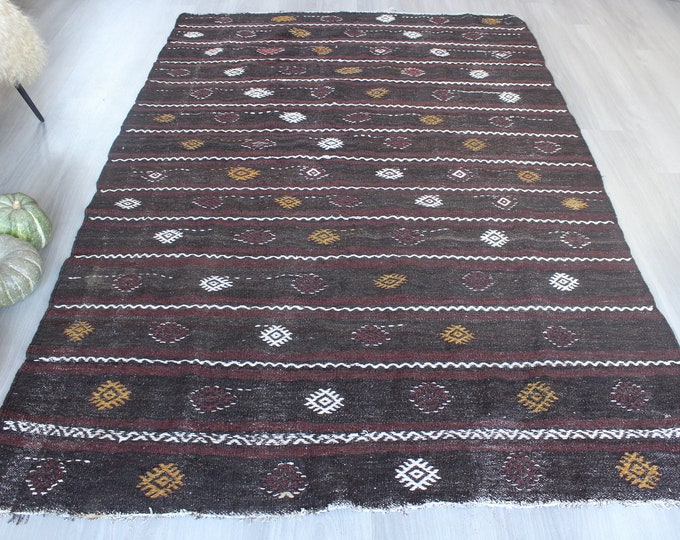 Striped Ethnic Kilim ,Black Kilim Rug, Vintage Kilim Rug, Large Kilim Rug, Ethnic Kilim Rug, Bohemian kilim / 5'3"x8' feet / B-1354