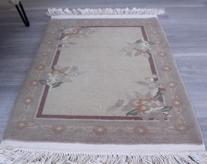 2'x3'3" ft  Small Vintage Rug, Small Floral Rug, Small Bathroom Rug, Small Area Rug, Small Beige Rug, Handwoven Door Mat