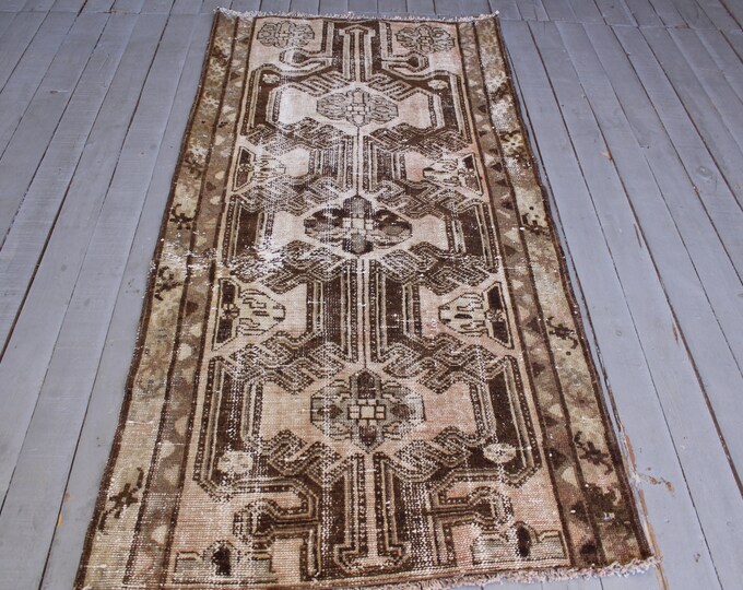 Vintage Distressed Brown-Beige Rug Runner, Vintage Low Piled Area Rug, Eclectic Carpet, Turkish Anatolian Beige Handwoven Wool Rug