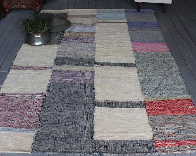 4'8"x7'4" ft  Vintage Rag Rug, Handmade Rag Rug, Ethnic Rag Rug, Turkish Chaput Kilim , Anatolian Rag Rug, Decorative Rag  Rug