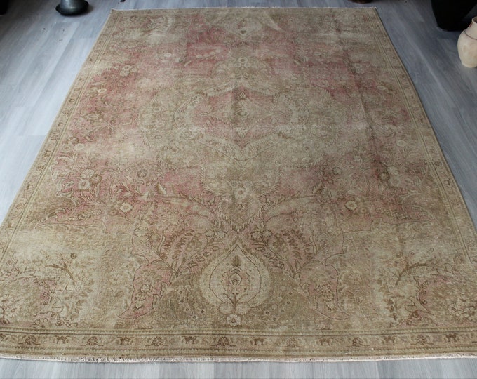 7'2"x10' ft  Vintage Beige-Pink Rug, Vintage Oushak Rug, Large Vintage Rug, Traditional Rug, Low Piled Area Rug / C-4336