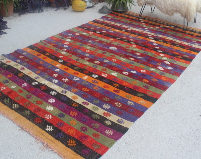 Vintage Kilim Rug, Large Area Kilim, Large Turkish Kilim, Large Anatolian Kilim, Large Mut Kilim, Jijim Kilim Rug, Striped Area Kilim