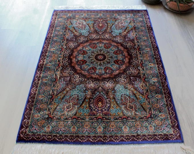 Silk Rug, 3'x5' Bamboo Silk Rug, Medallion Design Silk Rug, Blue - Purple Silk Rug, Oriental  Silk Rug ,Small Silk Rug / B-1767