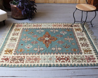 4'1"x5'2" ft Vintage Blue-Ivory Kilim Rug, Ethnic Bohemian Kilim , Vintage Turkish  Handwoven Kilim
