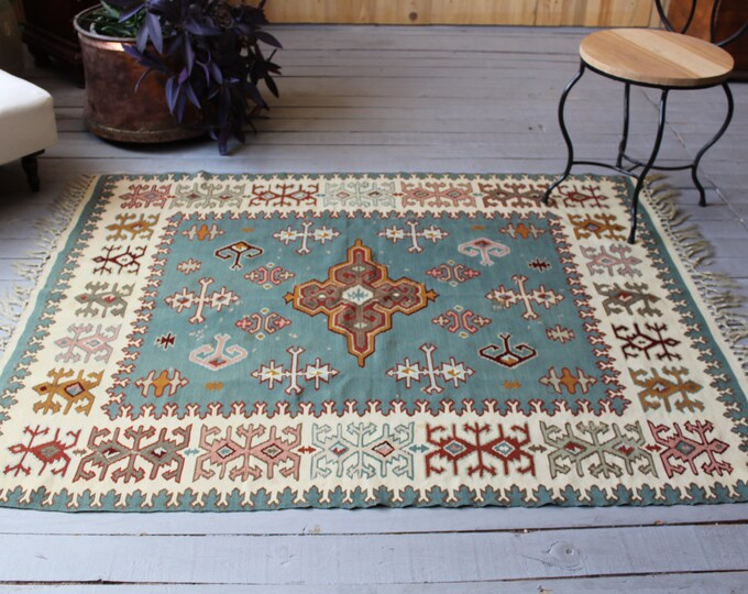 4'1"x5'2" ft Vintage Blue-Ivory Kilim Rug, Ethnic Bohemian Kilim , Vintage Turkish  Handwoven Kilim