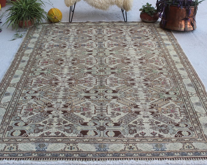 6'3"x9'2" ft  Vintage Hereke   Rug, Vintage Area Rug, Large Area Rug, Large Oushak  Rug, Low Piled  Shirvan Rug