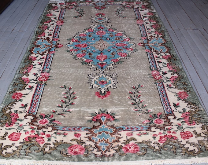 Vintage Turkish Rose Design  Carpet, Vintage Oushak Rug, Funky Pink Rose Rug, Bohemian Blue Medallion Rug