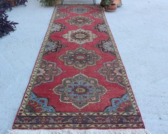 3'6"x13' ft Vintage Rug Runner, Anatolian Rug Runner, Red Rug Runner, Bohemian Rug Runner, Decorative Runner, Handwoven Rug Runner