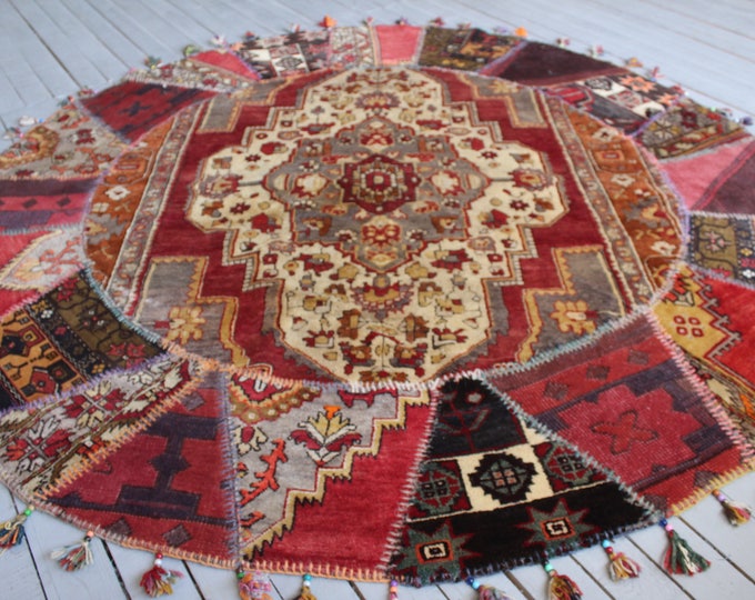 Round  Patchwork  Rug,Bohemian Wool Carpet, Turkish  Round Rug , Handmade Round  Rug / 7'1"