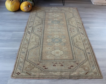 3'8"x6'4" feet , Vintage Beige Rug, Ethnic Turkish Rug, Beige-Blue Rug, Vintage Milas Rug, Handwoven Natural Wool Rug  /  B-1282