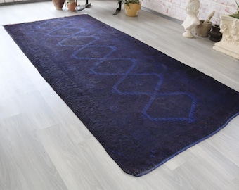 Dark Blue  Rug , 4'6"x10'1" ,Vintage Handwoven Wide Rug Runner / B-218