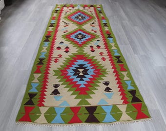 3'6"x10'8" RUNNER Diamond Design Kilim  Wide Runner, Bohemian Kilim Runner Rug,Decorative Turkish Kilim Runner