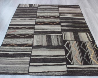 Patchwork Brown Rug, Beige-Brown Ethnic Rug, Brown Handwoven Wool Kilim Rug / N-1965 /  4'8''x6'5''