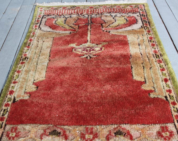 Vintage Red Rug With Chandelier, Turkish Handwoven Wool Small Red Carpet