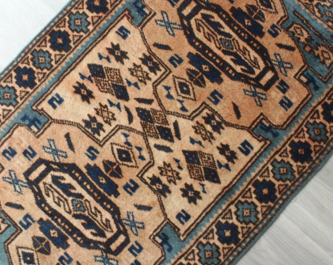 Small Blue Rug, Ethnic Blue Rug, Small Vintage Rug, Small Anatolian Rug, Handwoven Turkish Rug / B-1636 / 2'5"X3'9"