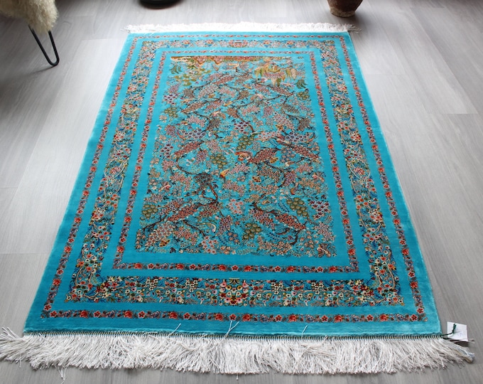 Blue Silk Rug, 3'3''x4'9'' Oriental  Bambo Silk Rug, Nature Design Silk Rug / B- 1815 /  39x59 inches