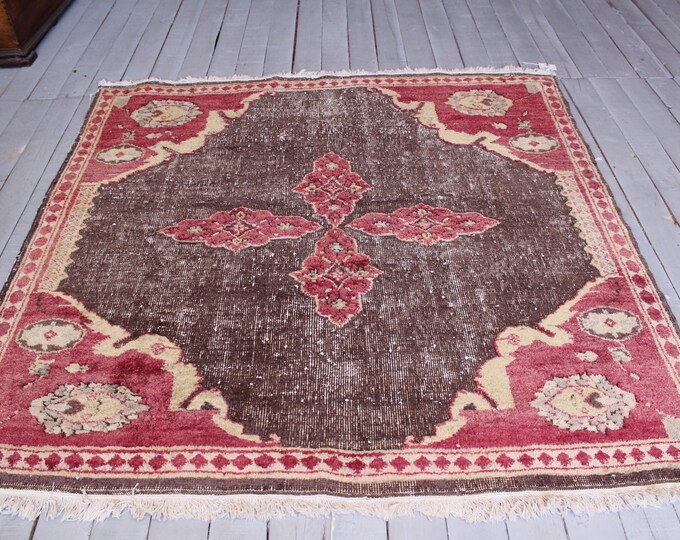 Vintage Turkish Anatolian Carpet, Organic Wool Rug, Antique Brown Low Piled Area Rug