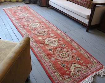 2'6"x10'3"ft Vintage Rug Runner, Turkish Anatolian Handwoven Wool Rug Runner, Ethnic Hallway  Carpet, Pink Rug Runner  FREE SHIPPING