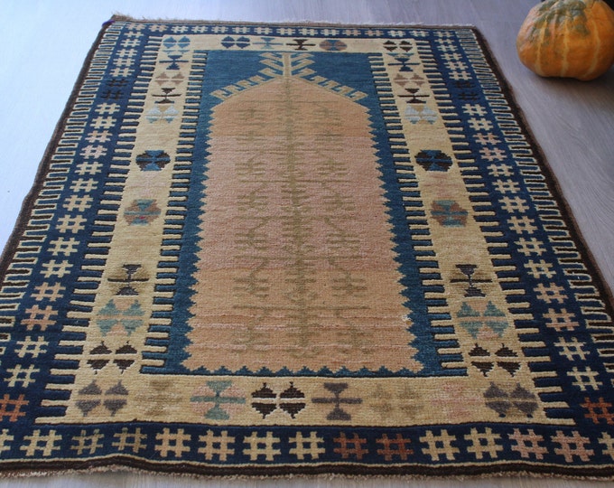 Small Blue -Beige Rug, Ethnic Anatolian Rug, Vintage Beige Rug , Traditional Prayer Design Rug / B-1603 /