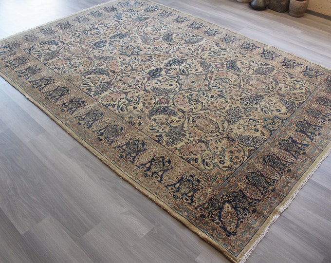 7'9"x11'6" ,  Antique Hereke  Rug, 8'X12' vintage rug, white-blue rug, vintage Hereke rug, Traditional Turkish Rug / C4533