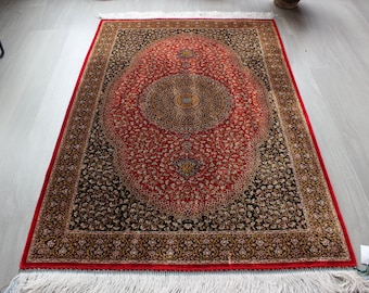 Red Silk Rug, 2'7''x4' Oriental Turkish Silk Rug /  B-1812 /  82x122 cm / 3'x4'