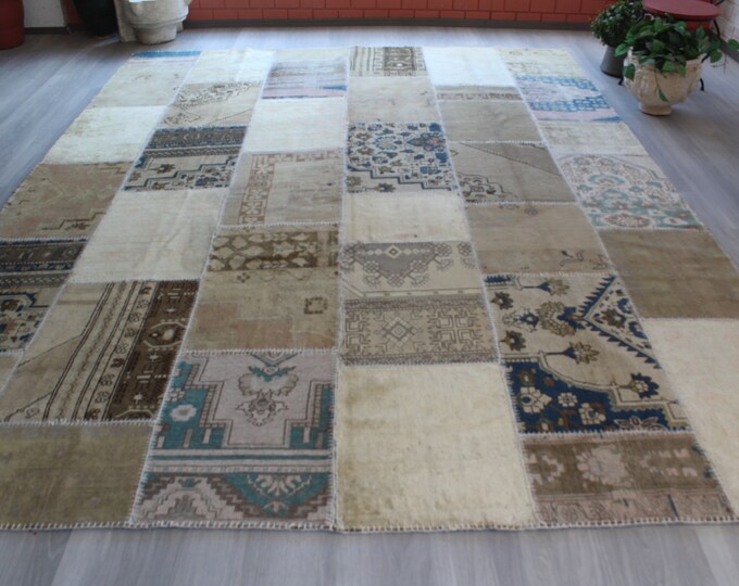 Large Beige Rug, Large Vintage Rug, Large Patchwork Rug, Beige-Blue Area Rug, Turkish Wool Rug, Oversized Rug / 8'8"x11'6" ft