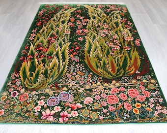 Botanical Silk Rug, 3'9''x5'9'' Green Silk Rug, Handwoven Silk Carpet / B-1911