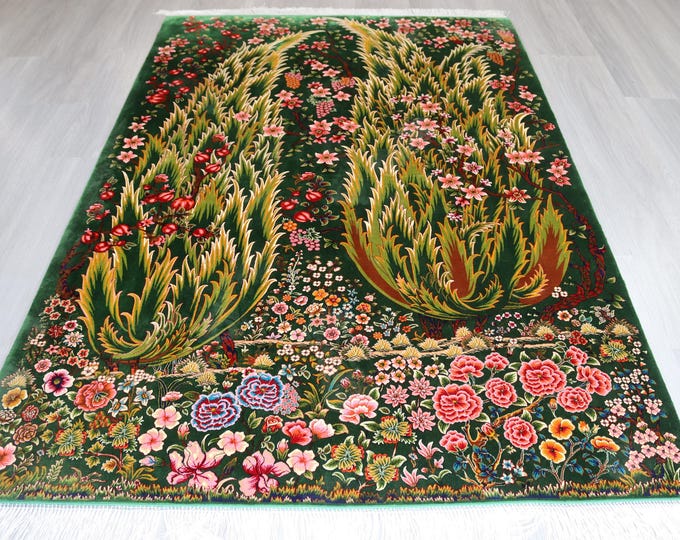 Botanical Silk Rug, 3'9''x5'9'' Green Silk Rug, Handwoven Silk Carpet / B-1911