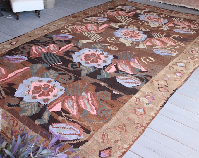 7'2"x12' ft Vintage Large Kilim, Large Karabagh Kilim, Brown-Lavender Rose Kilim , Large Area Kilim