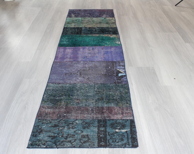 Purple and Teal Green Rug Runner , Patchwork Rug Runner , Bohemian Rug Runner / B-1850 / 2'1''x7'4''