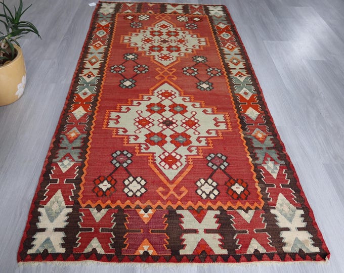 Bohemian Red Runner Rug , Vintage Flat Handwoven Runner , 3'5''x7'7'' / K-291