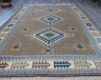 Vintage Camel Color Rug , Ethnic Design Rug, Bohemian Rug , Large Vintage Sandy Color Rug / B-1685 /  5'4"X8'9"