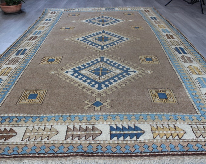 Vintage Camel Color Rug , Ethnic Design Rug, Bohemian Rug , Large Vintage Sandy Color Rug / B-1685 /  5'4"X8'9"