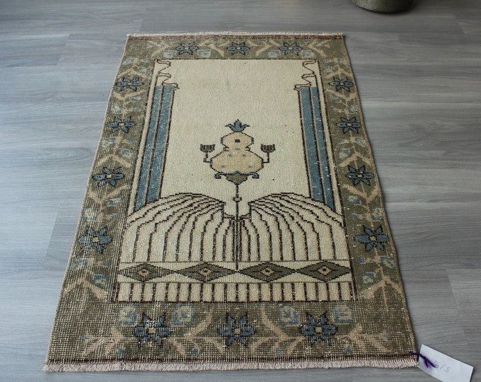 Vintage Chandelier Rug, Small Oushak Rug, Small Vintage Rug, Small Blue-Beige Rug , Handwoven Small  Rug / B-1615 / 2'5"x3'8"