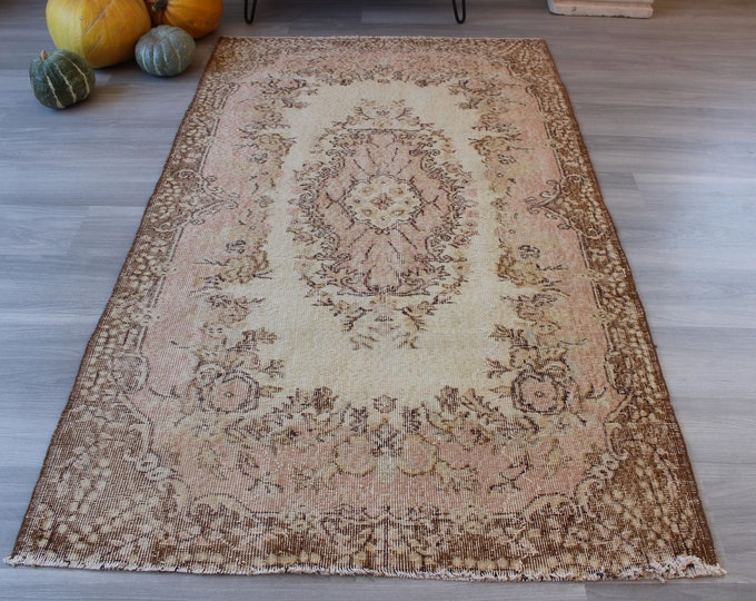 4'x6'6" ft , Vintage Rug, Pale Pink-Beige Rug, Vintage oushak rug, mute coloured turkish rug, handwoven pink rug / B-1311 /