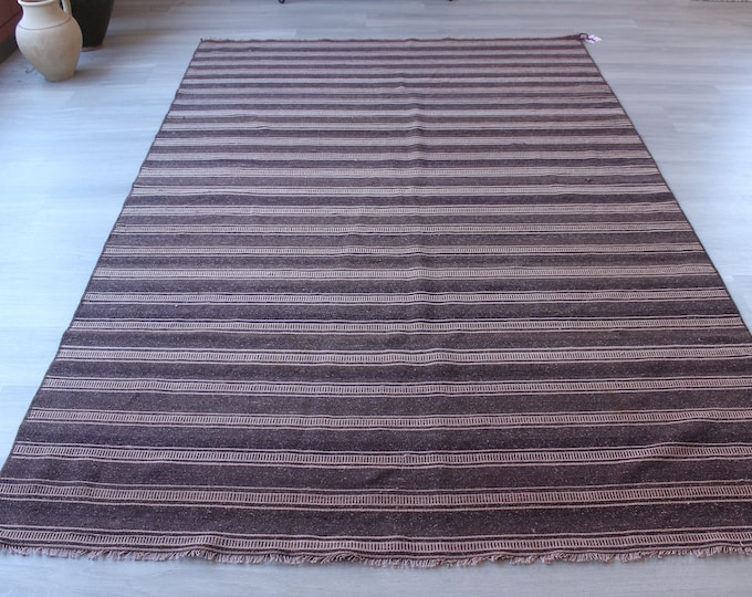 Striped Brown Kilim, Brown -Pink Kilim Rug, Ethnic Striped Kilim, Handwoven Flat Rug /N-1065 / 5'2"x7'9"