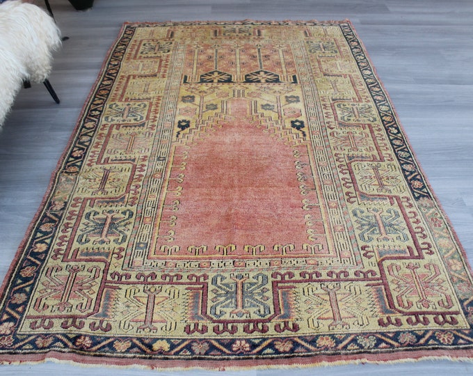 4'7"x7'5" ft   Vintage Rug, Vintage Anatolian Rug, Ethnic Turkish Rug, Pale Coloured Area Rug, Bohemian Wool Ru, Natural Wool Rug