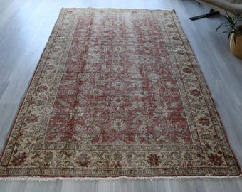 Vintage Oushak Rug, Pale Low Piled Floral Wool Rug,  / 4'7"x7'7" / B-758