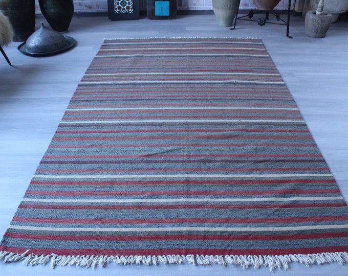 4'7"x7'6" ft Vintage Striped Kilim, Striped Kilim Rug, Ethnic Area Kilim, Vintage Wool Kilim, Bohemian Kilim Rug, Anatolian Kilim Rug