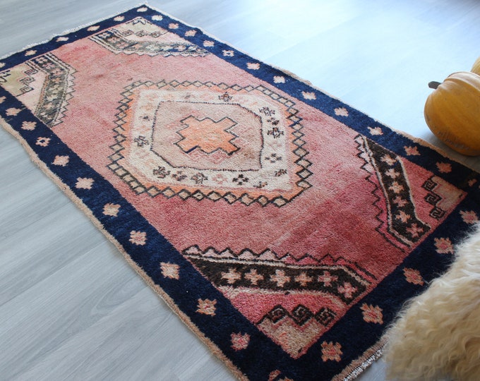 Dark Blue-Pink Anatolian Rug, Ethnic Turkish Rug, Handwoven Pink Rug , Boho Style Turkish Rug, Small Vintage Rug / B-1285 / 3'3"x6'2" feet