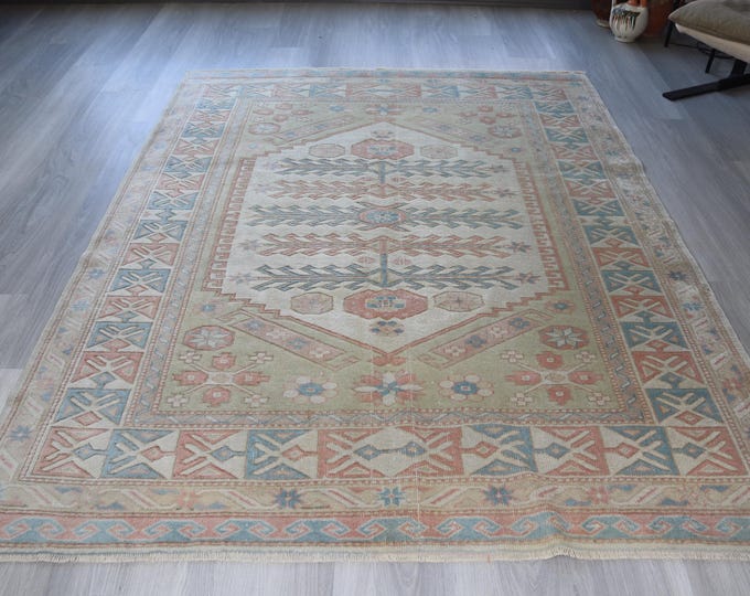 Vintage Ivory  rug, 5'3"x6'9" , Velvet Textured Handwoven Wool Rug / B-230