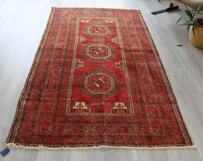 3'8"x7' ft   Vintage  Red Rug,  Turkoman Red Rug,, Tribal Handwoven Wool Rug / B-584
