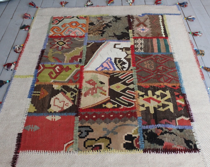 3'6"x5'0" ft    Patchwork KILIM rug, Bohemian Ethnic Handmade Wool Kilim Rug