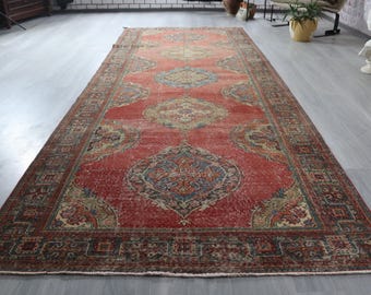 Vintage Konya Wool Runner Rug, Medallion Red, Handwoven 4'8''x12'8''