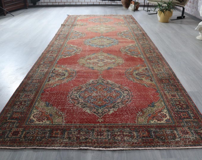 4'8''x12'8'' Medallion Red Runner , Vintage Red Runner, Handwoven Wool Runner Rug / B-1325 / 148X390 cm