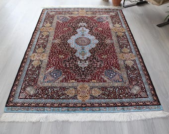 Silk Rug, 3'9''x5'9'' Traditional Turkish Oriental Design Silk Rug , Blue Medallion Silk Rug / B-1900