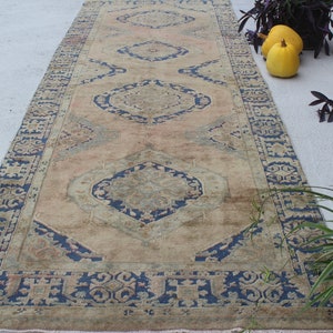4&#39;3&quot;x13&#39;4&quot; ft  RUNNER Vintage OUSHAK Rug Runner, Turkish Rug Runner, Beige-Blue Rug Runner, Wide Oushak Runner, Wide Rug Runner, Hallway Rug