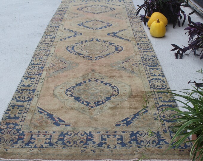 4'3"x13'4" ft  RUNNER Vintage OUSHAK Rug Runner, Turkish Rug Runner, Beige-Blue Rug Runner, Wide Oushak Runner, Wide Rug Runner, Hallway Rug